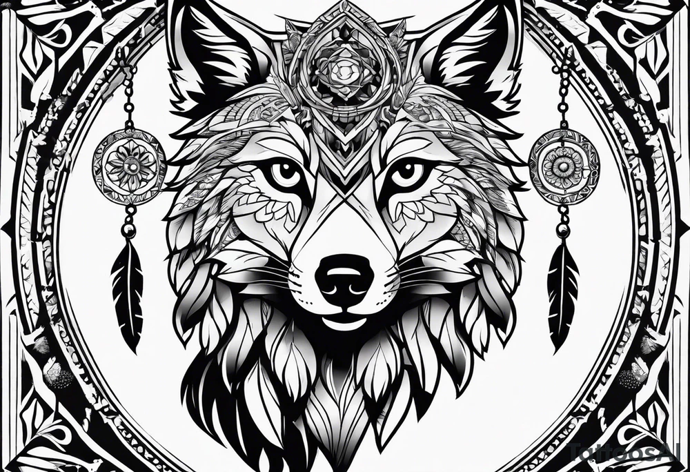 full sleeve with owl, wolf, beaver, and dream catcher tattoo idea