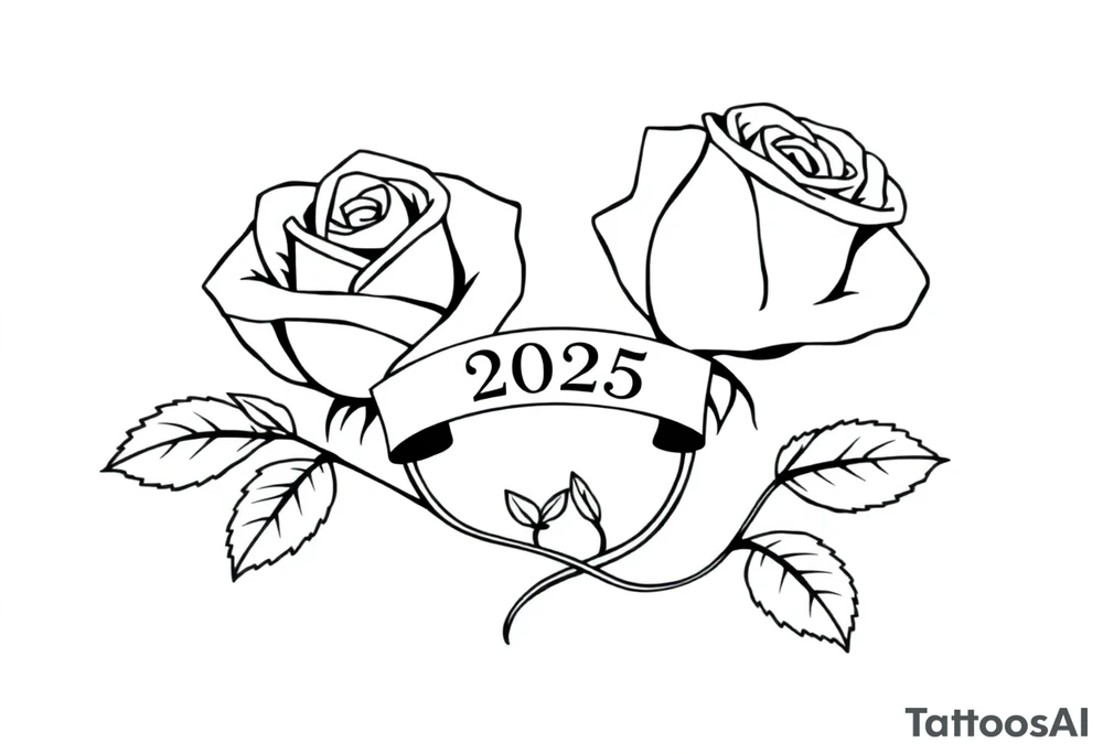 two beautiful large rose buds, one larger than the other, with many leaves next to the rose buds, with one sitting higher than the other. Include a banner connecting the two roses with the year "2025" on it.   Use dark outlines with little shading. The two stems should be short, not long, and connect and join into one stem, whimsically curved or twisted - not straight down. tattoo idea