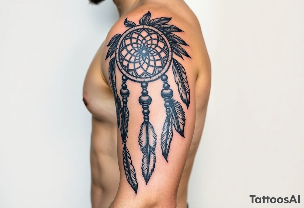 native dreamcatcher with flowing feathers and sacred beads tattoo idea