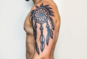 native dreamcatcher with flowing feathers and sacred beads tattoo idea