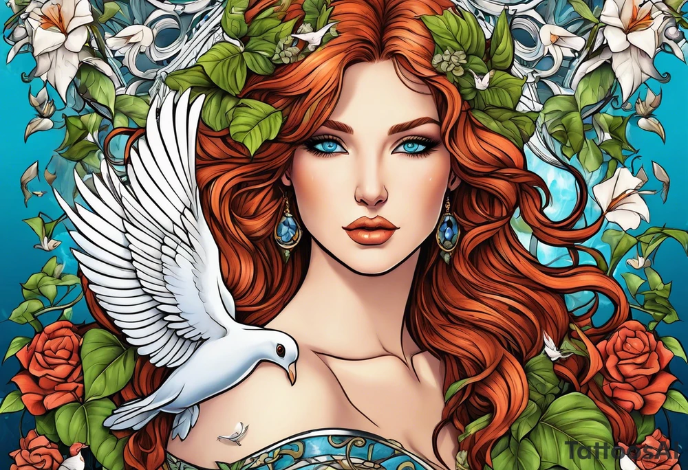 Aphrodite with auburn hair and ocean-blue eyes surrounded with doves and poison ivy tattoo idea