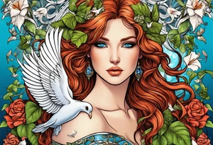 Aphrodite with auburn hair and ocean-blue eyes surrounded with doves and poison ivy tattoo idea