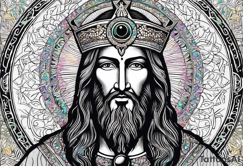 flat stern byzantine Christ with all-demanding eyes with a halo made of peacock feathers tattoo idea