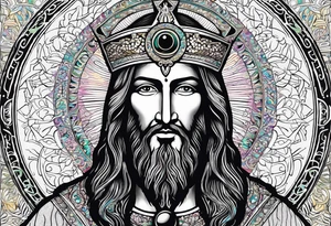 flat stern byzantine Christ with all-demanding eyes with a halo made of peacock feathers tattoo idea