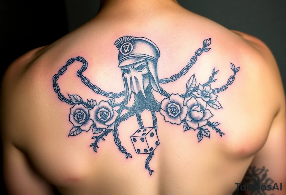 Squid and spartan and sailor hat combined with chains, tree roots, cherry blossoms and roses rolling dice tattoo idea