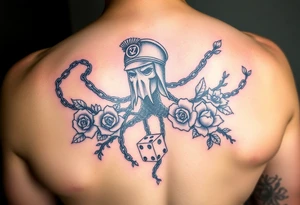 Squid and spartan and sailor hat combined with chains, tree roots, cherry blossoms and roses rolling dice tattoo idea