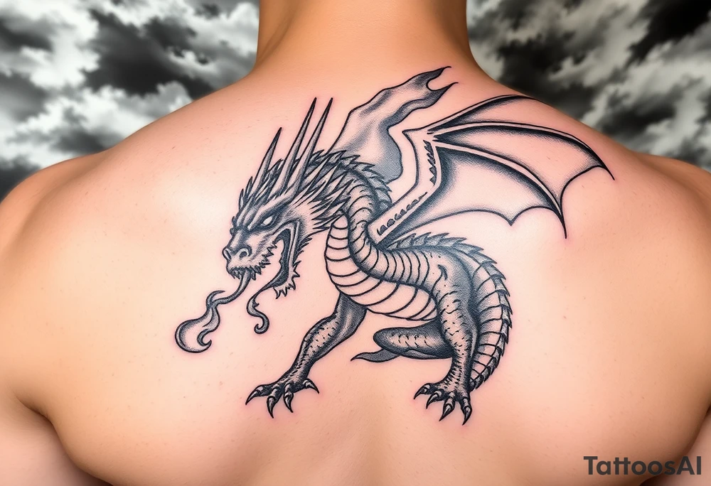 fierce dragon breathing iridescent fire against stormy skies tattoo idea
