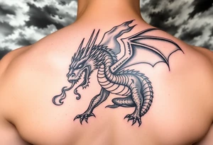 fierce dragon breathing iridescent fire against stormy skies tattoo idea