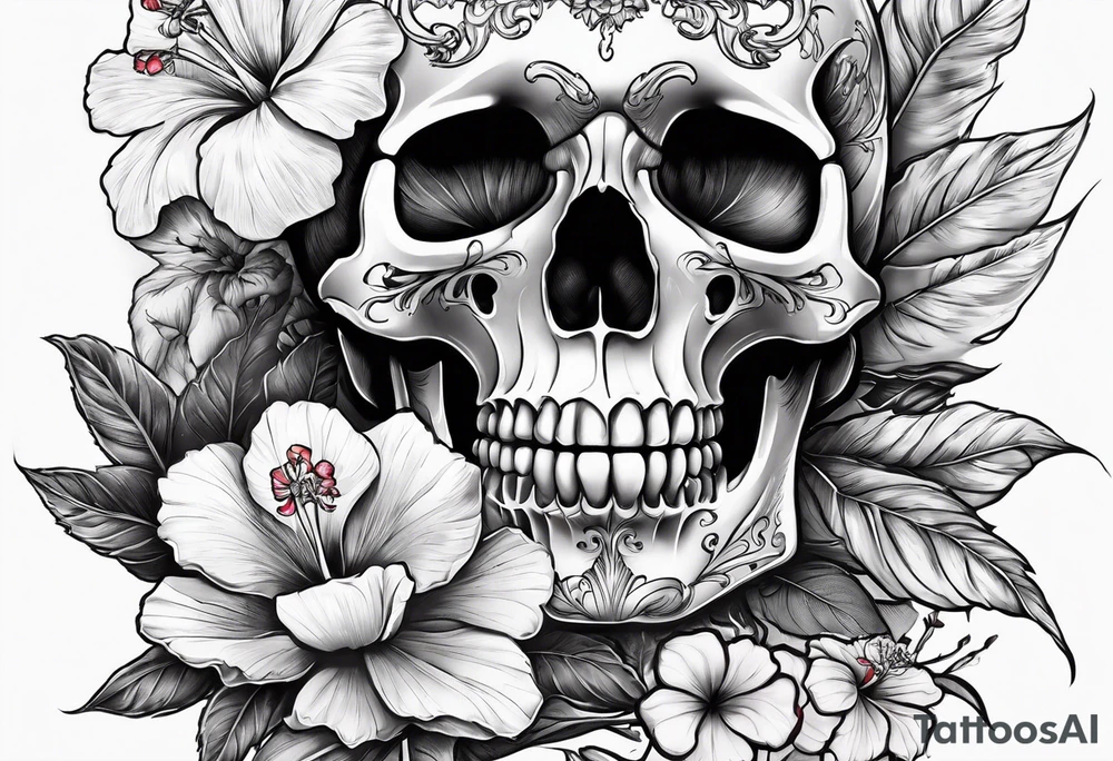 a female skeleton with hibiscus flower. tattoo idea