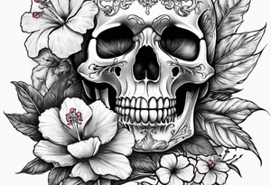 a female skeleton with hibiscus flower. tattoo idea