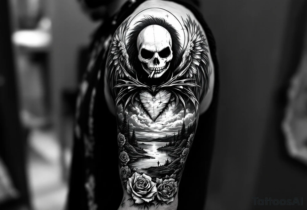 majestic/holy jack skellington as an angel with wings, smoking a blunt, fishing over lake, clouds, roses, tattoo idea
