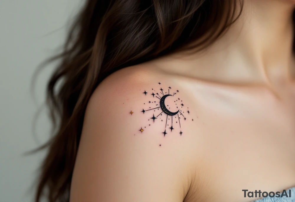 Family inked in fine-line black with tiny gold stars scattered around it like a constellation. tattoo idea