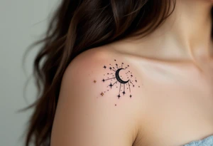 Family inked in fine-line black with tiny gold stars scattered around it like a constellation. tattoo idea