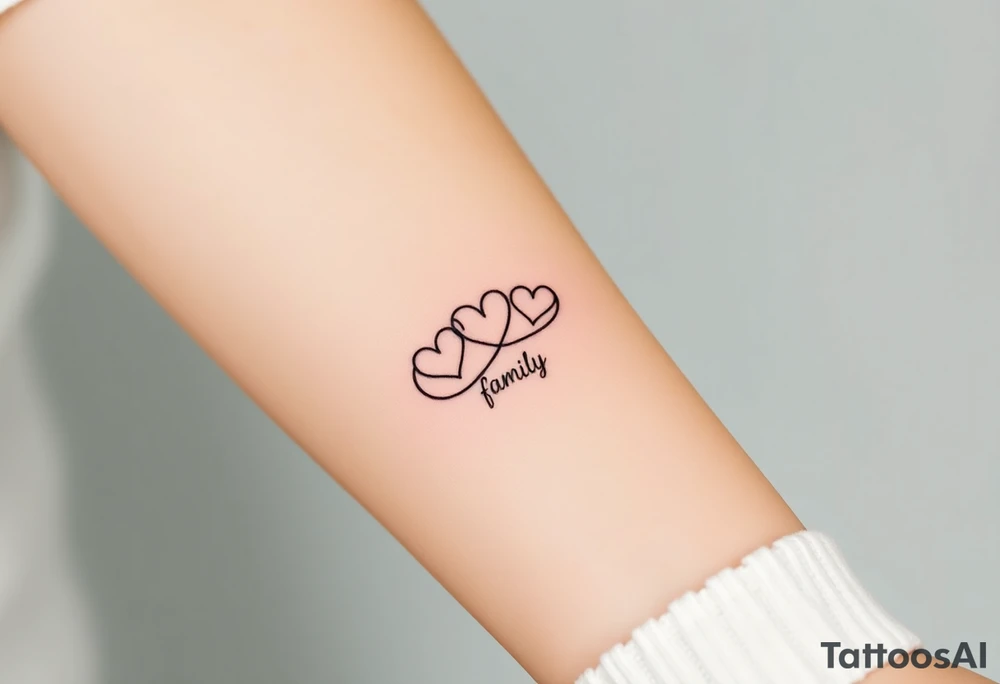A minimalist infinity symbol with three hearts above including word "family" tattoo idea