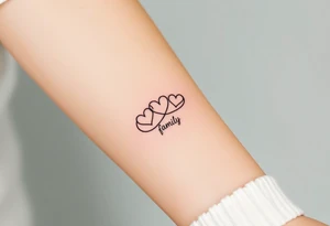 A minimalist infinity symbol with three hearts above including word "family" tattoo idea