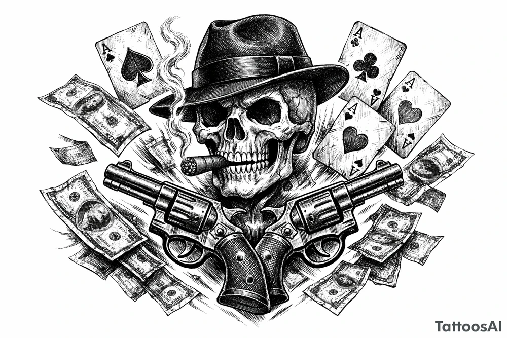 Skull in fedora, cigar, crossed revolvers, flying cards, falling money. tattoo idea