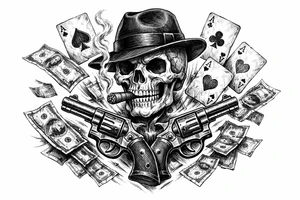Skull in fedora, cigar, crossed revolvers, flying cards, falling money. tattoo idea