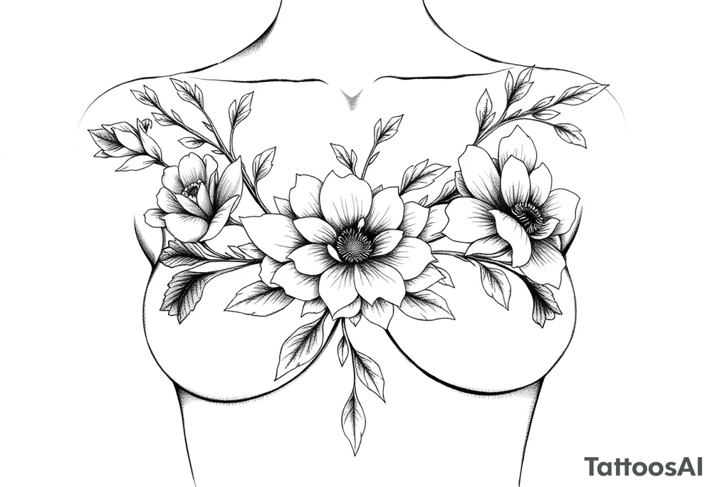 Chest sternum under boob floral tattoo not over the boobs tattoo idea