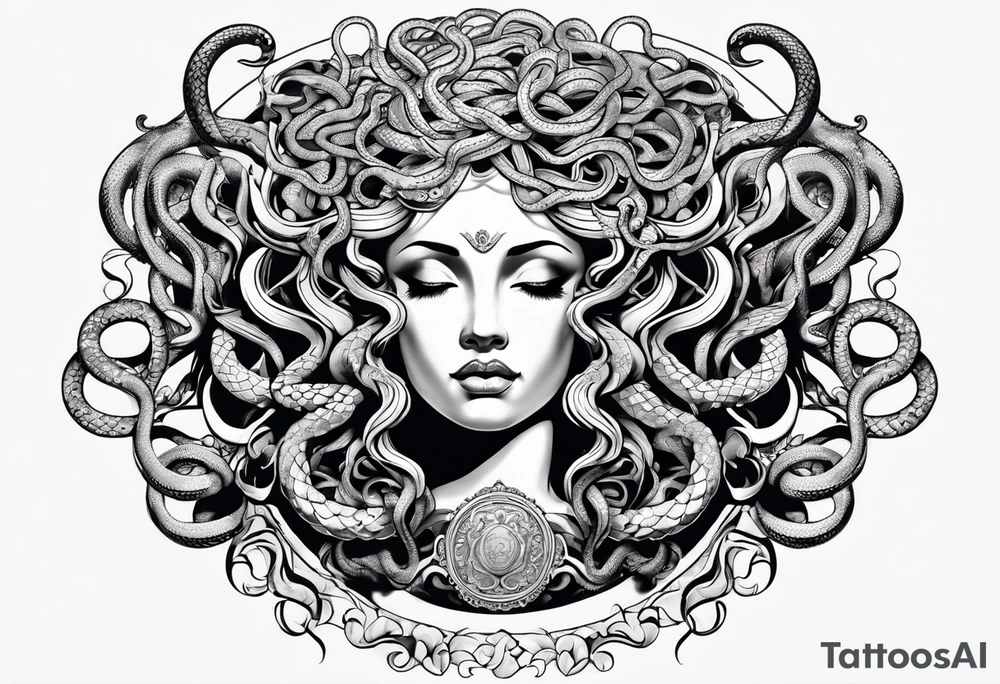 arm tattoo of Medusa as a statue with snakes for hair tattoo idea