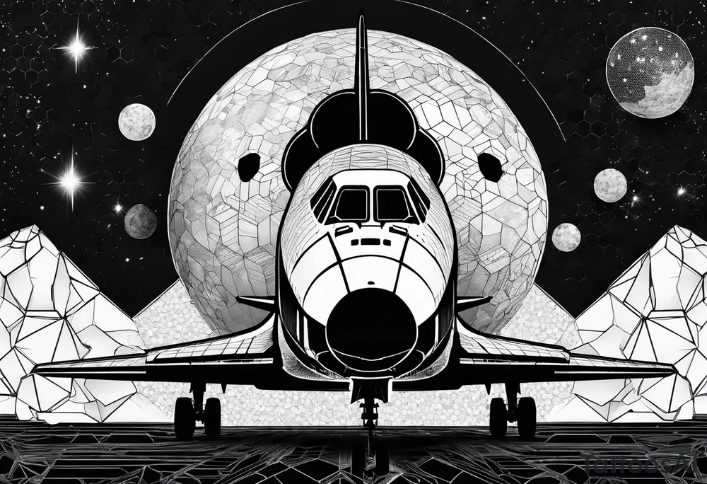 black and white space shuttle on black background made of hexagons tattoo idea