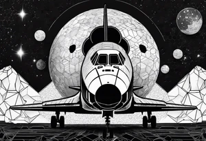 black and white space shuttle on black background made of hexagons tattoo idea