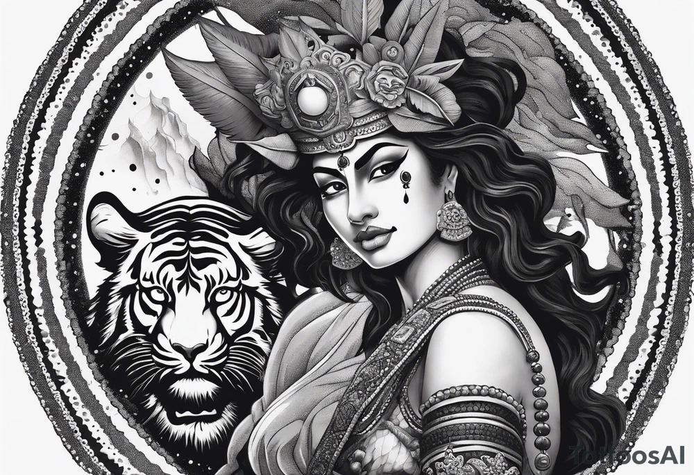 durga goddess, riding a tiger, kali, pirate, pachamama, tattoo idea