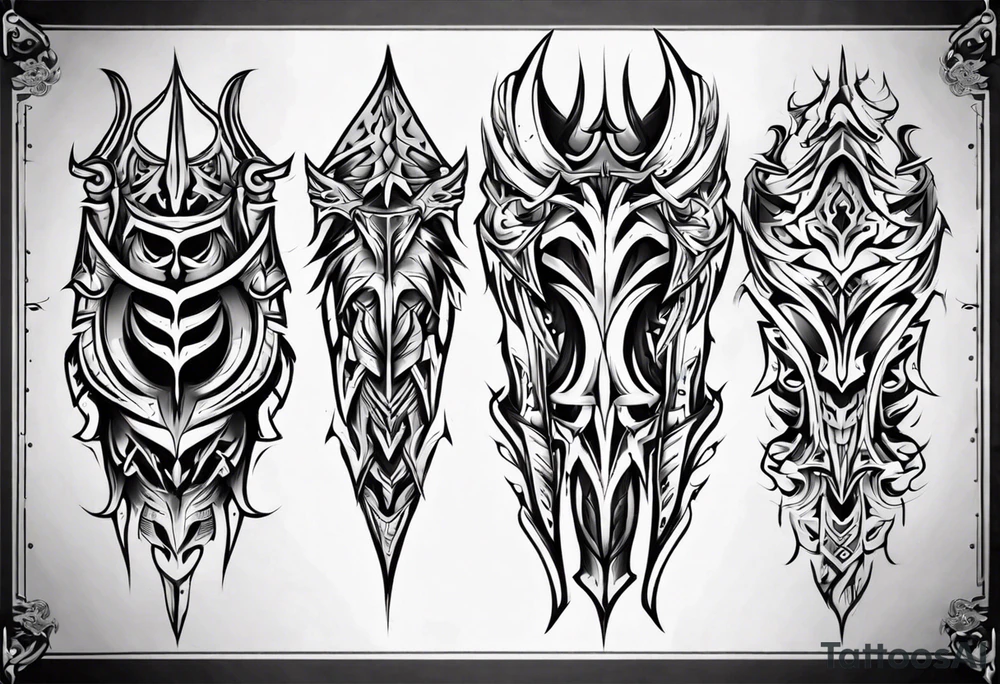 Demonic leg armor symmetrical tattoo idea