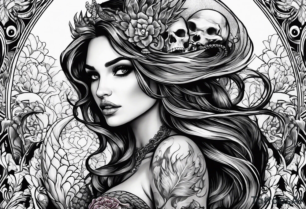 evil mermaid with skull tattoo idea