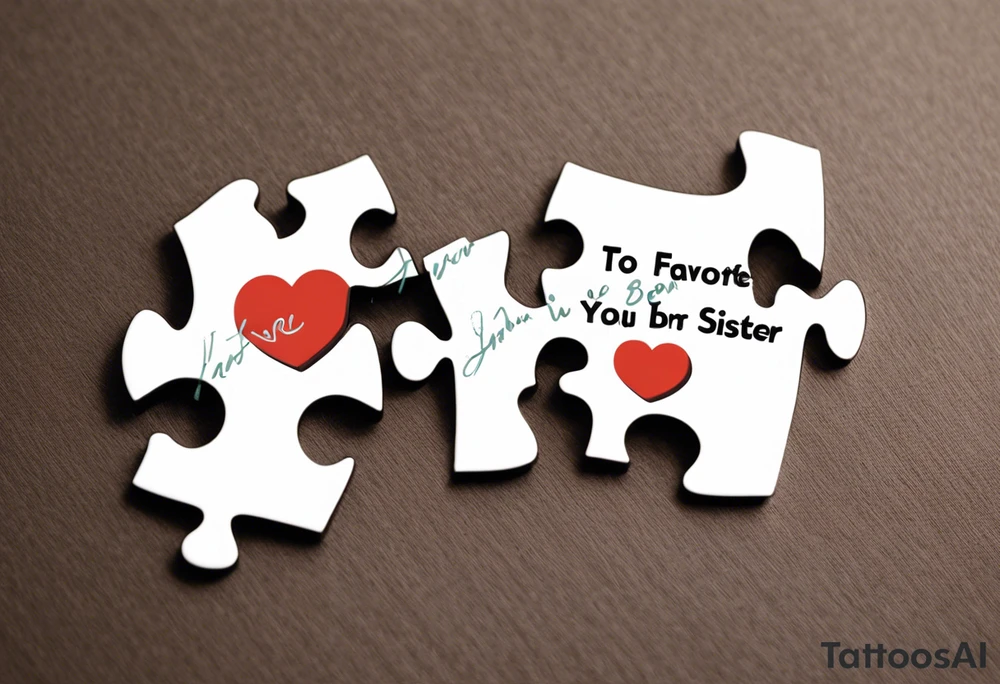 Interlocking Puzzle Pieces
   Concept: Two outlined puzzle pieces that are interlocking or fit together perfectly, symbolizing how you and your sister were connected. One of the puzzle pieces could have the small, filled-in heart inside it.
   Text: “To my favorite sister” could be placed underneath or along the curve of your ankle, maintaining your sister’s handwriting. You could position the text so it wraps slightly around the interlocking pieces. tattoo idea