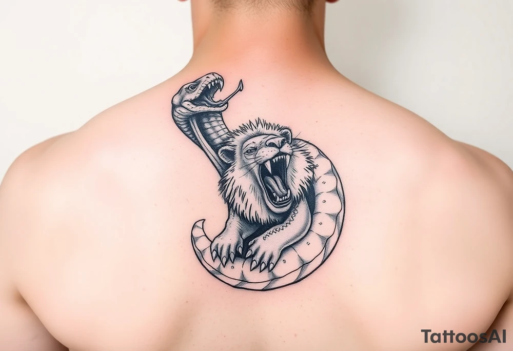 A snake with mouth wide and a lion crawling out of the mouth of snake tattoo idea