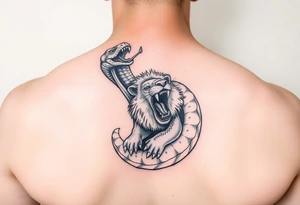 A snake with mouth wide and a lion crawling out of the mouth of snake tattoo idea