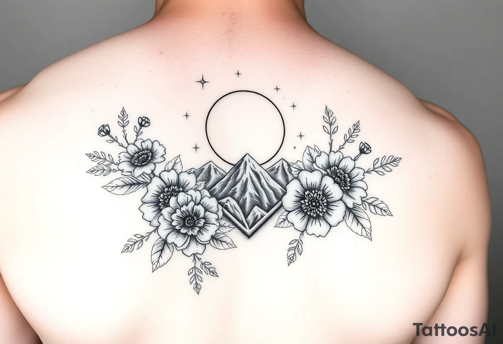 Arm and wristwrap around tattoo, with roses and wild flowers
moon and stars mountains
Feminine tattoo idea