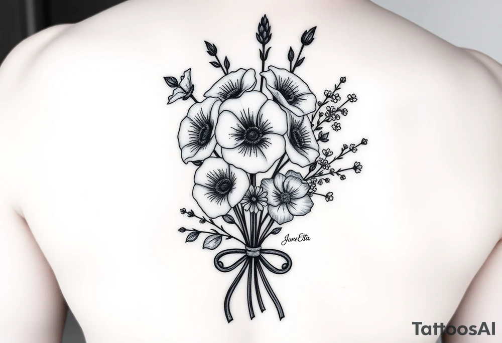 6 inches tall by 4 inches wide approximately, black and white tattoo with a bouquet of hollyhocks, one wild rose, and wild flowers, include a stethoscope along the side without putting it into the bouquet and the name June Etta , make the stethoscope more noticeable and make the tattoo taller than it is wide, make the bouquet have a bow towards the bottom holding the flowers like they had just been picked from the garden tattoo idea