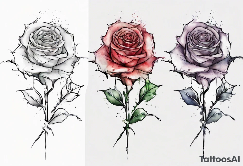 bleeding rose, tall, simple, one line, watercolor, with a Christian cross in the flower tattoo idea