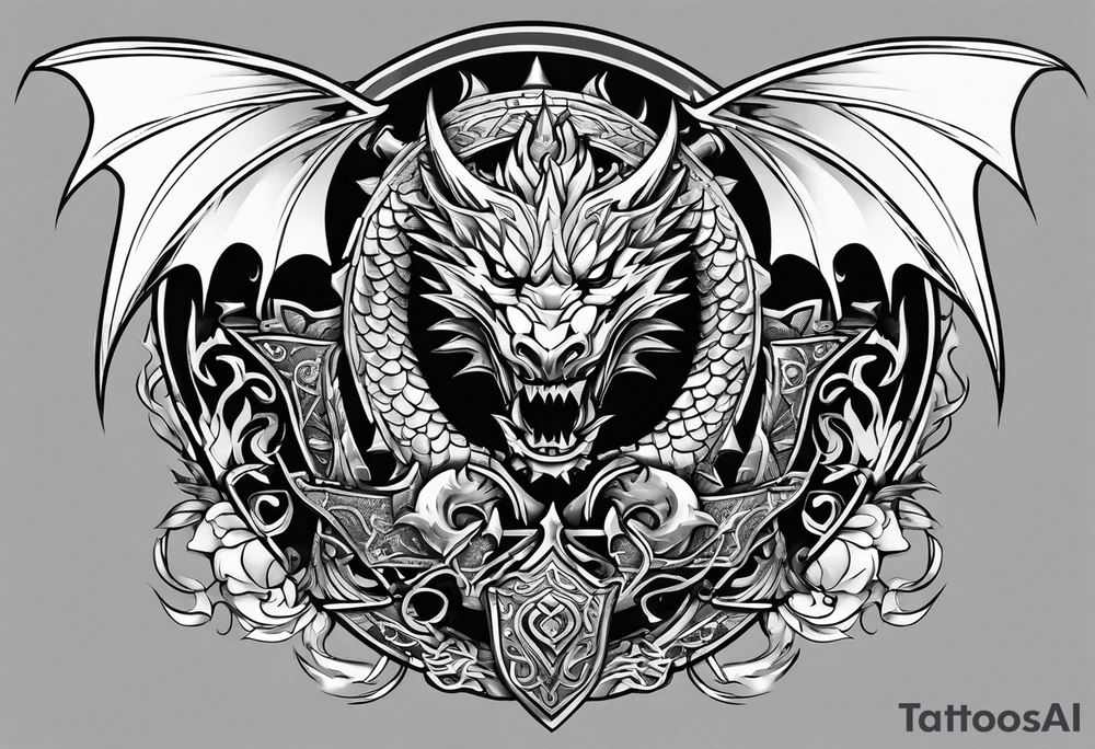 Valhalla sword shield dragon head axe armour tattoo idea