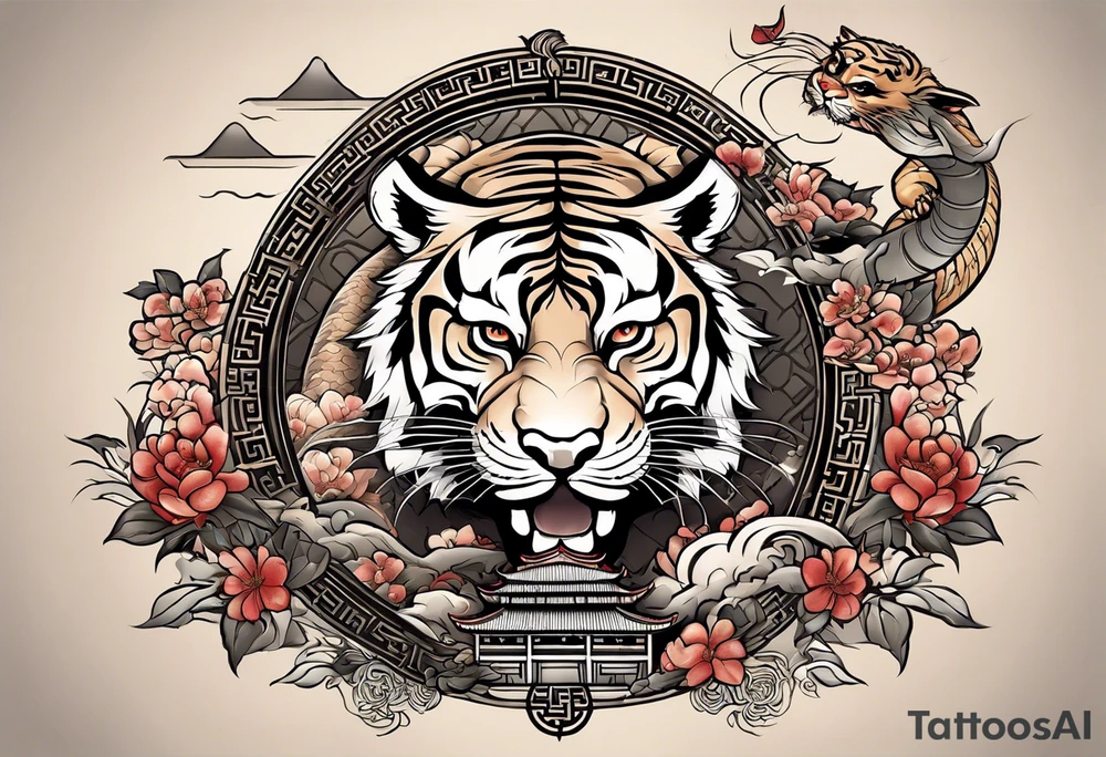 In English:

Create for me a tattoo in the Chinese style featuring a tiger, a rat, a snake, the Great Wall of China, and a temple. tattoo idea