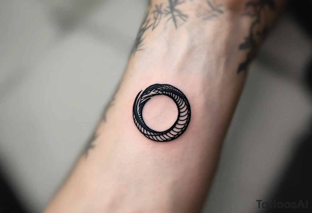 A minimalist Ouroboros snake forming cyrcle made from a single, unbroken black ink stroke tattoo idea