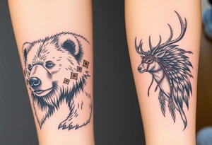 Indigenous, Majestic, and Powerful male Goliath Grizzly Bear. An Indigenous, Majestic, and Powerful King Elk. Both guarding an Indigenous, Majestic, and Powerful Raven haired Warrior Squaw tattoo idea