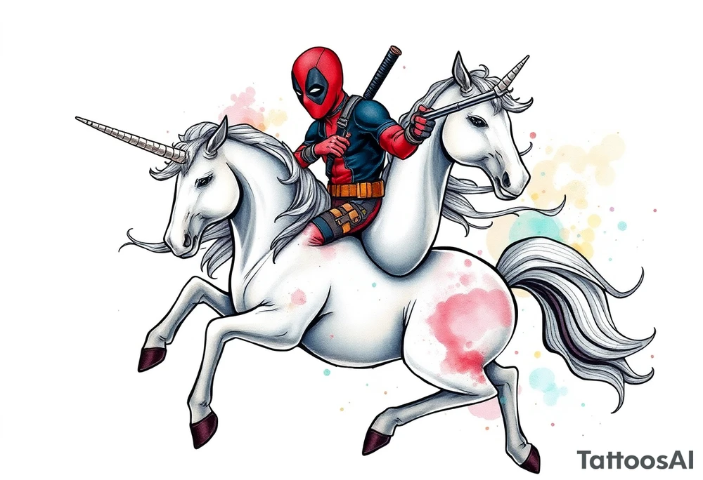 Deadpool riding a unicorn shooting Russian era rpg tattoo idea