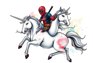 Deadpool riding a unicorn shooting Russian era rpg tattoo idea