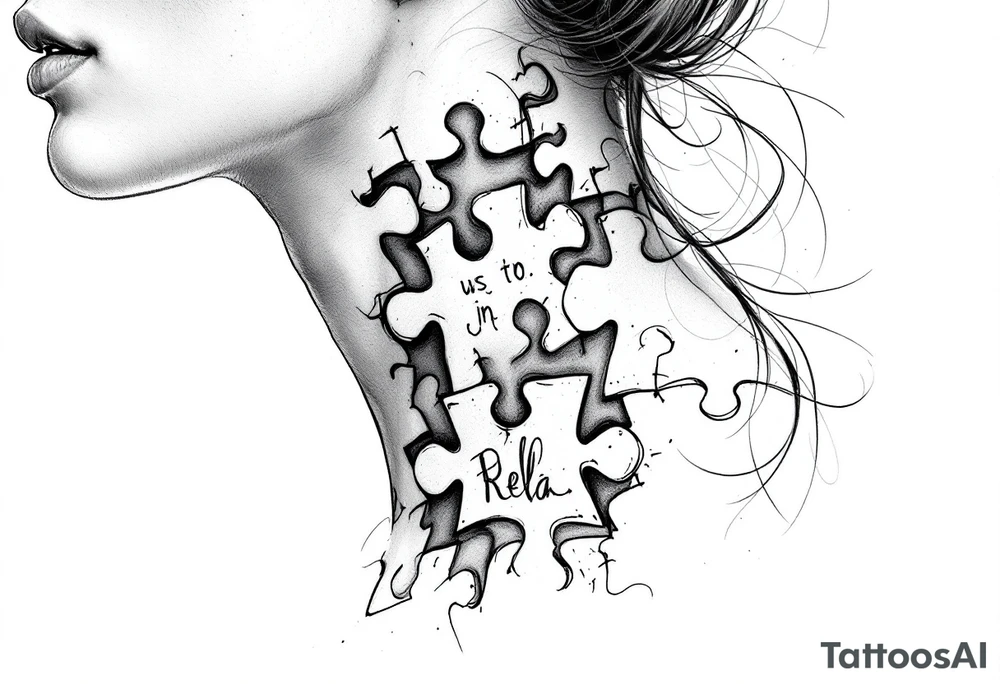 Puzzle piece tattoo on side of the neck  and have a missing piece on the side that says Rella on it. tattoo idea