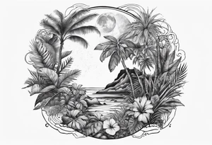 sleeve tattoo with jungle plants and Vegvisir, moon and beach tattoo idea