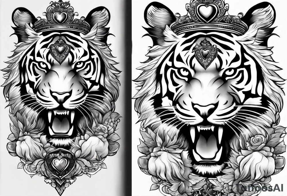 Full right arm sleeve a tiger at the top with a crown and third eye underneath a large hour glass with a brain and heart inside of it tattoo idea