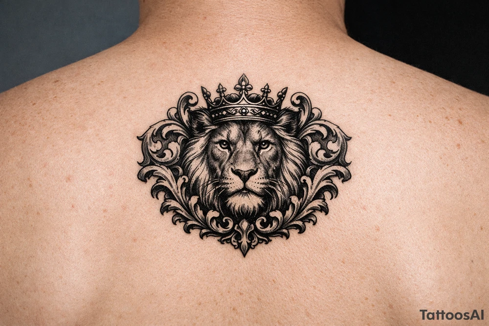 powerful majestic lion with a crown, framed by ornate floral scrollwork tattoo idea
