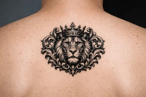 powerful majestic lion with a crown, framed by ornate floral scrollwork tattoo idea