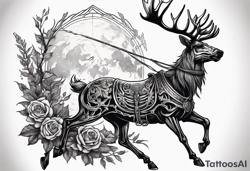 front view of Death riding on a reindeer skeleton tattoo idea
