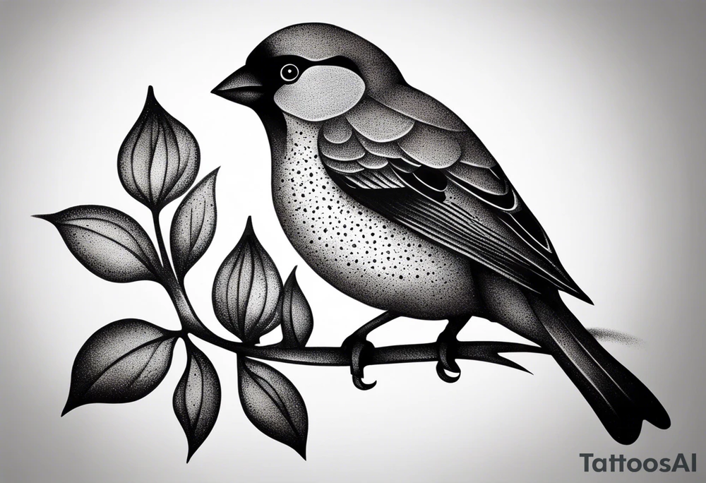 “Generate a simple tattoo design of a finch, showcasing its distinctive shape and a few delicate leaves to enhance the composition.” tattoo idea