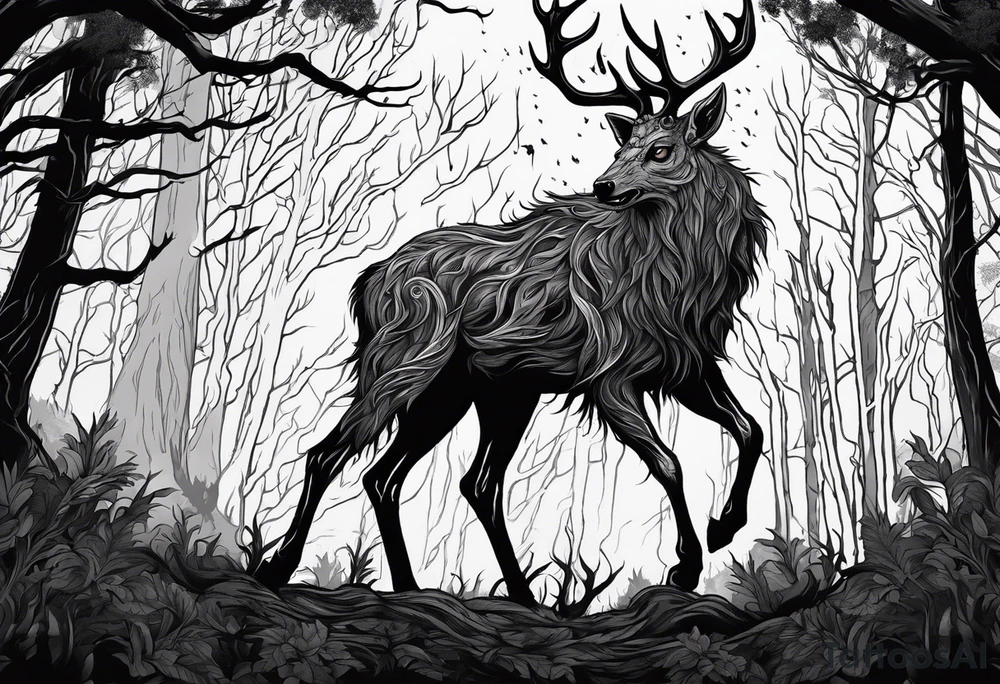 A scary terrifying horrifying rotting bone lore accurate wendigo side profile surrounded by a forest fire in background tattoo idea