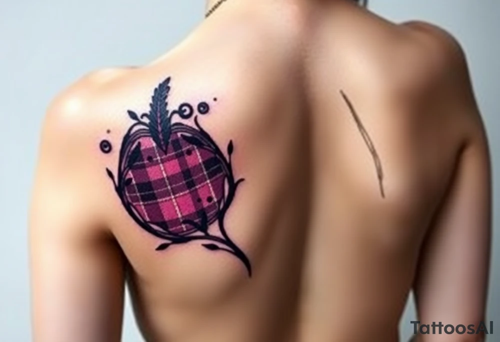 Breasts

Dark Purple with green pink blue and white highlights tartan fabric with skin around edges peeling and wrapping around side of shoulder tattoo idea