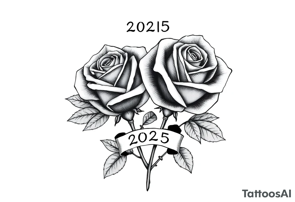 two beautiful rose buds, with many leaves and stems intertwined, representing two people in love. Include a small banner with "2025" on it.  The word "Rose" written in Kanji above the drawing. tattoo idea